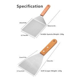 Hongmeru BBQ Griddle Spatula and Grill Scraper Set - Stainless Steel with Wood Handle, Large 2 PCS Set for Outdoor BBQ, Ideal for Pizza, Smash Burger Spatula, Pancake Flipper, Griddle Cooking