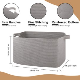 OIASKET Extra Large Blanket Basket, 24" x 16.9" x 14.2" Woven Storage Basket for Living Room, Rectangle Nursery Blanket Storage for Toys, Towels, Dirty Clothes (Light Grey)