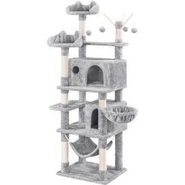 Topeakmart Cat Tree, 67in H Cat Tower for Indoor Cats, Multi-Level Cat Condo with Sscratching Posts & Soft Hammock & Large Basket & Fur Ball Sticks, Light Gray