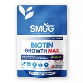 Biotin Hair Growth MAX 12000 mcg British Made by SMUG Supplements - 365 Micro Tablets - One Year Supply - Vegan Hair, Nail and Skin Vitamin Support - Suitable for Men and Women