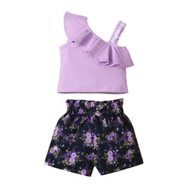DISAUR Girls Summer Clothes Baby Purple t-Shirt+ Purple Flower Printed Black Shorts Toddler Spring Clothes 12-18 Months 1t