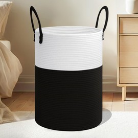 Cotton Rope Woven Laundry Basket - 40L White & Black Woven Basket for Blankets, Toys and Dirty Clothes - Laundry Baskets with Handles for Living Room, Laundry Room, Bedroom Storage, Clothes Hamper