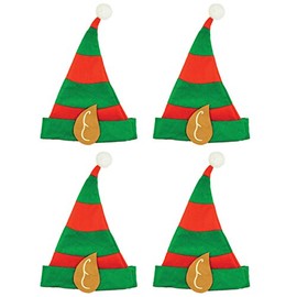 ADULTS ELF HAT - PACK OF 4 PLUSH GREEN ELF HATS WITH RED STAR, RED BRIM AND ATTACHED ELF EARS - FUNNY MENS LADIES CHRISTMAS NOVELTY FANCY DRESS HAT ACCESSORY