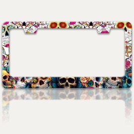 Sugar Skull License Plate Frame Skeleton Flowers License Plate Holders Funny Stainless Steel Auto Accessory Bracket 2 Hole with Screws Universal Us Car License Plate Frames 6x12 Inch for Women Men