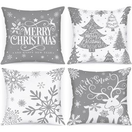 Lanpn White and Grey 45x45 Christmas Pillow Covers Set of 4, Decorative 45 cm Gray Winter Snowflake Throw Pillow Case Xmas Cushion Cover for Indoor House Sofa Grey
