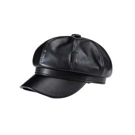 WDIRARA Women's PU Leather Newsboy Hat Vintage Beret Cap Baker Boy Caps Cabbie Hats Dull Black One-Size