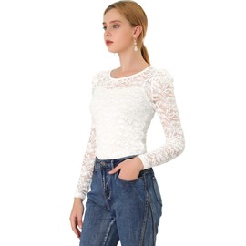 Allegra K Women's Lace Embroidery Semi Sheer Vintage Puff Sleeve Top Medium White