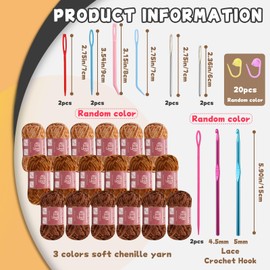 LUNARM Chenille Yarn, 18 Skeins Handcrafts Weaving Soft Chenille Yarn with Crochet Hooks Needles Stitch Markers, Yarn for Blankets Clothes Knitting and Crocheting, 18 * 100g-3 Colors (Brown Series)