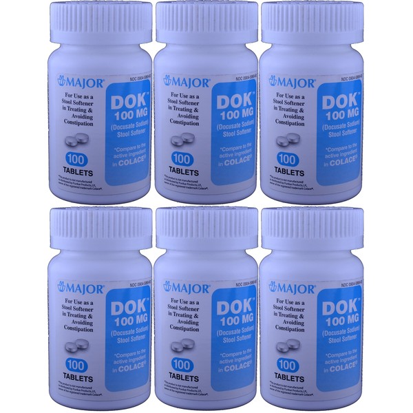 Docucate Sodium 100 mg Crushable Tablets for Gentle, Reliable Relief from Occasional Constipation Generic for Colace Crushable 100 Tablets per Bottle Pack of 6 Bottles Total 600 Tablets