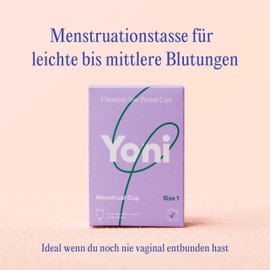Yoni | Menstruationstasse mit Aufbewahrungsbeutel | Größe 1 | 100% medizinisches Silikon | Komfortabel und auslaufsicher | Hypoallergen | Wiederverwendbar und recycelbar