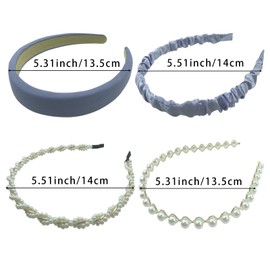 Thinslimer 4PCS Fashion Headband Blue Set,Wide Satin and White Non Slip Pearl Headband,Cute Vintage Women's Wedding Hair Accessories