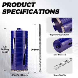 DaduoRi 4-1/4" Pro Dry Core Drill Bit with Pilot Bit & 3 Adapters (SDS Plus/SDS Max/1/2 Hex), Upgraded Blade Core Bits for Concrete with Rebar, Masonry, Brick, Mortar - 9.5" Depth, 5/8"-11 Thread