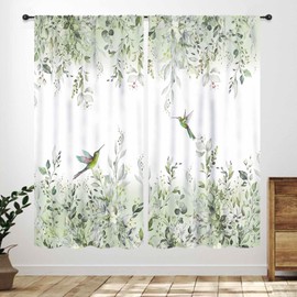 Cortinas de hoja verde salvia, flores rústicas, primavera, flores, pájaros, granja, acuarela, plantas botánicas, campo, naturaleza, recámara, sala de estar, 2 paneles, 42 x 63 pulgadas
