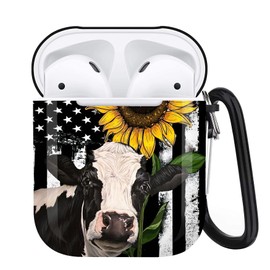 Flag Sunflower Cow Airpods Case Compatiable with Airpods 1 & 2 - Airpods Cover with Key Chain, Full Protective Durable Shockproof Personalize Wireless Headphone Case