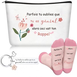 Boyiee 3 Gifts for Courage, Inspirational Makeup Bag with Floral Pattern, Rectangular Keyring, Funny Socks, Motivational and Encouragement Gifts for Colleagues and Girlfriends, White, silver, pink