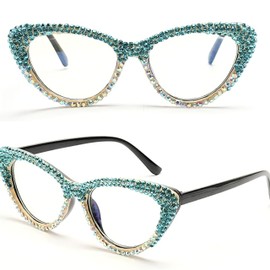 ICARA Oprah style Bling Rhinestone Cat Eye Reading Glasses for Women Shiny Diamond Blue Light Blocking Ladies Readers (blue/ab, 2.5, x)