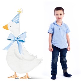 47.2 × 34.3 Inches One Silly Goose Cutout One Silly Goose Birthday Backdrop Background Photo Props Goose with Pink Party Hat and Bow Cutout for 1st Birthday Party Baby Shower Decoration (Blue)