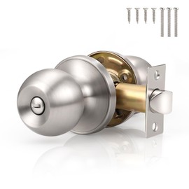 DECORITEN Interior Door Knob with Lock, Brushed Nickel Bedroom Door Lock, Stainless Steel Keyless Privacy Door Knob with Lock, Round Door Handle for Bathroom, 4 Pack