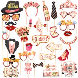 30 PCS Wedding Photo Booth Props with Stick Funny Bridal Shower Photo Booth Props Floral Bride Groom Card Sign for Bachelorette Party Decorations Wedding Favor Supplies