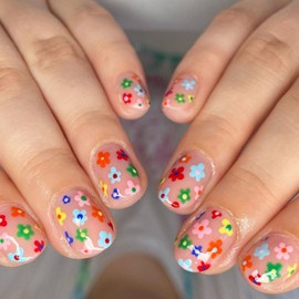 Square Press on Nails Short Fake Nails Spring Nails Press ons Glossy Glue on Nails Cute Acrylic Nails Nude False Nails with Colorful Flower Designs Artificial Stick on Nails for Women 24Pcs
