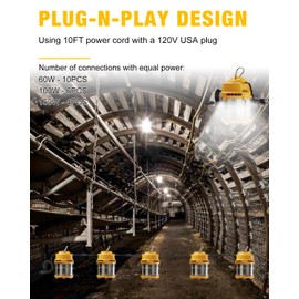 JC-LGL 60W LED Temporary Work Lights - Construction Lighting Temp High Bay Fixture, Hanging Temporary Work Lights for Workshop Jobsite