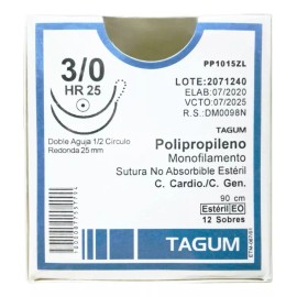 Tagum Sutura Polipropileno 3-0 Doble Aguja 1/2 Redonda 25mm 90cm