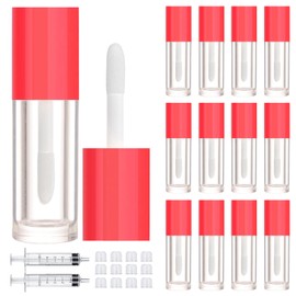 2.5ml 12 PCS Empty Lip Gloss Tubes with Wand Lip Gloss Containers Cute 0.08oz Clear Refillable Lipgloss Making Supplies Kit for DIY Makeup+ 2pcs Syringes (Red)
