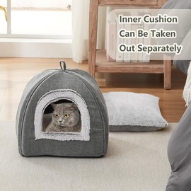 Cat Bed Cave-Cat Beds for Indoor Cats,Kittens and Small Pets,Soft and Warm Cat Tent Bed,Cat House,Foldable and Washable with Removable Cushioned and Anti Slip Bottom,Grey (L(17.5 x 17.5 x 17.5 Inch))