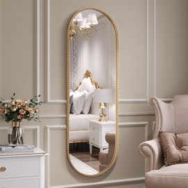 Brauthon Oval Full Length Mirror for Wall, 16"x48" Gold Oval Bathroom Vanity Mirror, Retro Gold Metal Beaded Frame Decorative Mirror for Vanity Accent Bedroom Dressing Room Entryway