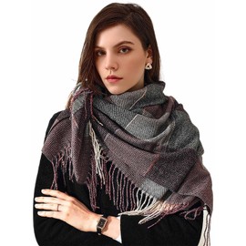 IYOU Women's Fall Winter Scarf Gray Plaid Scarves Wraps Square Wrap Shawl Scarfs for Warm Winter