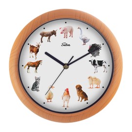 SELVA Animal Clock Wall Clock with Animal Sounds at Every Hour and Colourful Illustrations, Plastic Case, Wood Look, Colour: Farm Animals