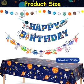 Outer Space Birthday Party Decorations Space Theme Party Supplies with Happy Birthday Banner Solar System Tablecloth for Galaxy Space Birthday Party Decor (Tablecloth+Flag Banner)