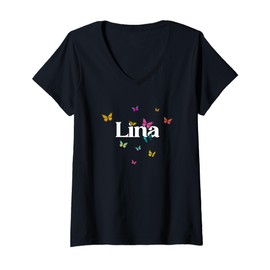Womens LINA - Adorable girl name with colorful Butterlies V-Neck T-Shirt