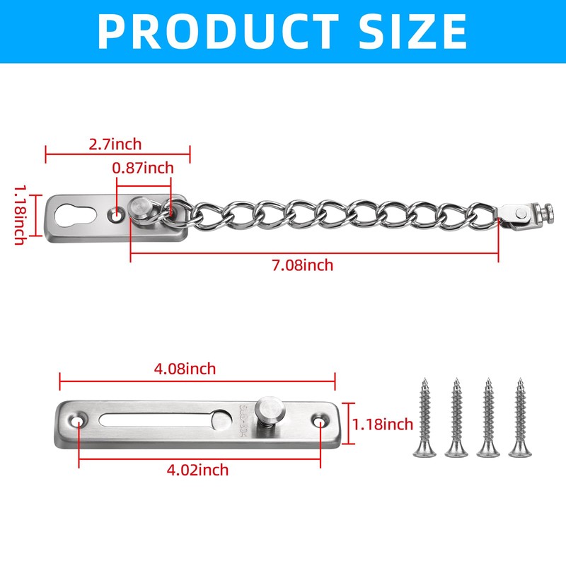 KRYVLEXA Heavy Duty Door Chain Lock - 304 Stainless Steel,