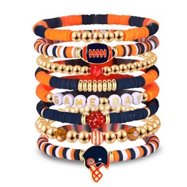 Game Day Bracelets for Women Football Bracelets Red Black Blue Heishi Clay Beaded Stretch Bracelets Stackable Sports Football Charm Bracelet Bangles Football Mom Accessories Outfits Jewelry Gifts (Orange Navy 1)