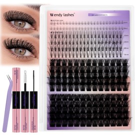 WENDY DIY D Curl Lash Clusters Individual Cluster Lashes Kit 12-18 mixed Wispy Lashes-kit Soft Set with 2 in 1 Lash Bond and Seal,Eyelash tweezers（FD18+B-07-D-1218-Kit）