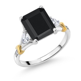 Gem Stone King 925 Silver and 10K Yellow Gold Black Onyx and White Moissanite and Diamond Engagement Ring For Women (3.47 Cttw, Emerald Cut 10X8MM, Trillion 3.5MM) (Size 9)