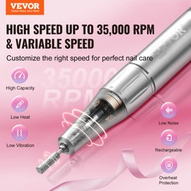 VEVOR Electric Rechargeable Nail Drill, 35,000RPM Portable Cordless Nail E File Machine, LCD-Display Acrylic Gel Grinder Tool with 6 Bits and 50PCS Sanding Bands for Manicure Pedicure Carve Polish