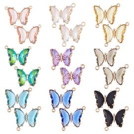DICOSMETIC 18 Stück 9 Stile Strass Schmetterlingsanhänger Messing Glas Kristall Schmetterlingsanhänger Goldene Schmetterlings Verbindungsanhänger Für Die Schmuckherstellung Bohrung: 0.9-1.2mm