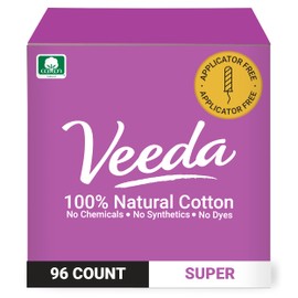 Veeda 100% Natural Cotton Tampons Super Absorbency - Non-Applicator Tampons with leak proof protection - Unscented, Chlorine & Toxin Free - 96 Count