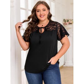 unewmy Plus Size Summer Tops for Women Elegant Tie Front Bow Knot Crew Neck Lace Ruffle Short Sleeves Tshirts Tee Blouse Black