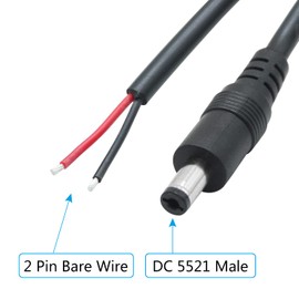 12V DC Power Pigtails Cable,0.5m/1.65ft DC 5.5mm x 2.1mm Male Plug to Bare Wire Open End Power Wire,18AWG DC Barrel Plug Connector,for DC 5521 Port Supply Replacement Repair(2Pcs)