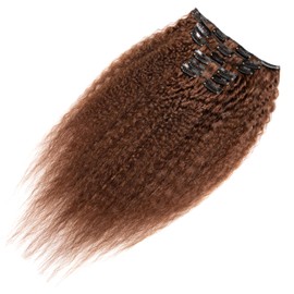 22 Inch Brown Kinky Straight Clip in Hair Extensions Real Human Hair for Black Women Full Head 8A Brazilian Real Hair Yaki Human Hair Clip ins Natural Color 6 pcs 16 clips