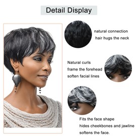 Short Pixie Wigs for Black Women Pixie Cut Grey Wigs Short Curly Hair Gray Wigs for Black Women Synthetic Haircuts Cut Layered Ladies Wigs(Grey Mixed Black)
