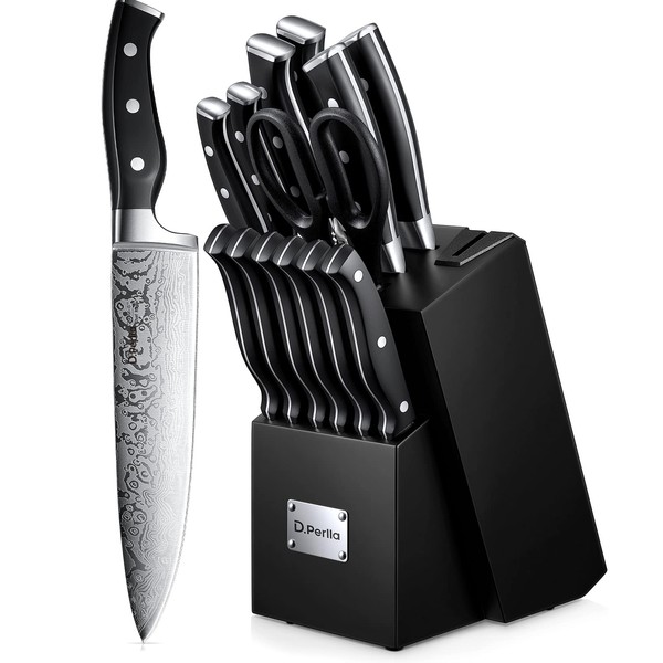 Knife Set, D.Perlla 14 Pieces Kitchen Knife Set with Built-in Sharpener, Stainless Steel kitchen Knives with Unique Waved Pattern, Non-slip Handle, Black