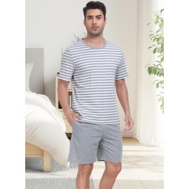 Sopesil Men's Short Set Pyjamas Short Sleeve Cotton Contrast Stripes with Pockets Sleepwear Soft Cosy Lounge Wear for Men S-XXL, lightgrey, XL