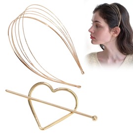 Alovez Pack of 2 Gold Hair Accessories, Multilayer Metal Headband and Heart Metal Hairpin, Metal Geometric Hair Clip, Gold Hair Accessories, Hair Clip for Women and Girls