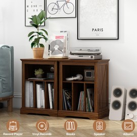 RowyPoey Farmhouse Record Player Stand, 3 Tier End Table, Turntable Stand with Vinyl Record Storage ,Wood Record Holder Cabinet Dispaly Shelf for Living Room,Bedroom,Rustic Brown