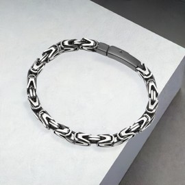 COOLSTEELANDBEYOND Silver Black Byzantine Chain, Satin Finished, Square Braided Link Bracelet for Mens, Stainless Steel