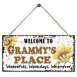 Vintage Style Sign, Welcome to Grammy's Place Weekends, Weekdays, Whenever Decorative, Hanging Wood Sign Home Decorative, Printed Wood Wall Art Sign, Sunflower Sign Gift for Grandma 12x6 in